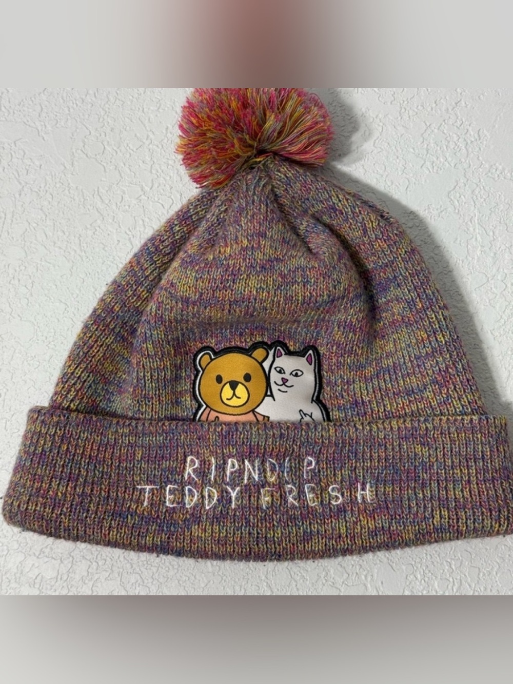 Teddy Fresh Colorful Knit Beanie with Bear and Cat Patch